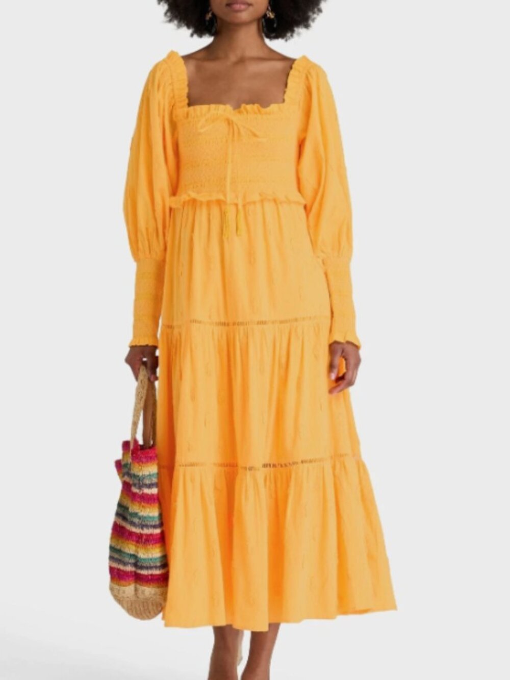 NWT FARM RIO 100% Cotton 3D Pineapple Midi Dress M Shirred Long Sleeves Orange
